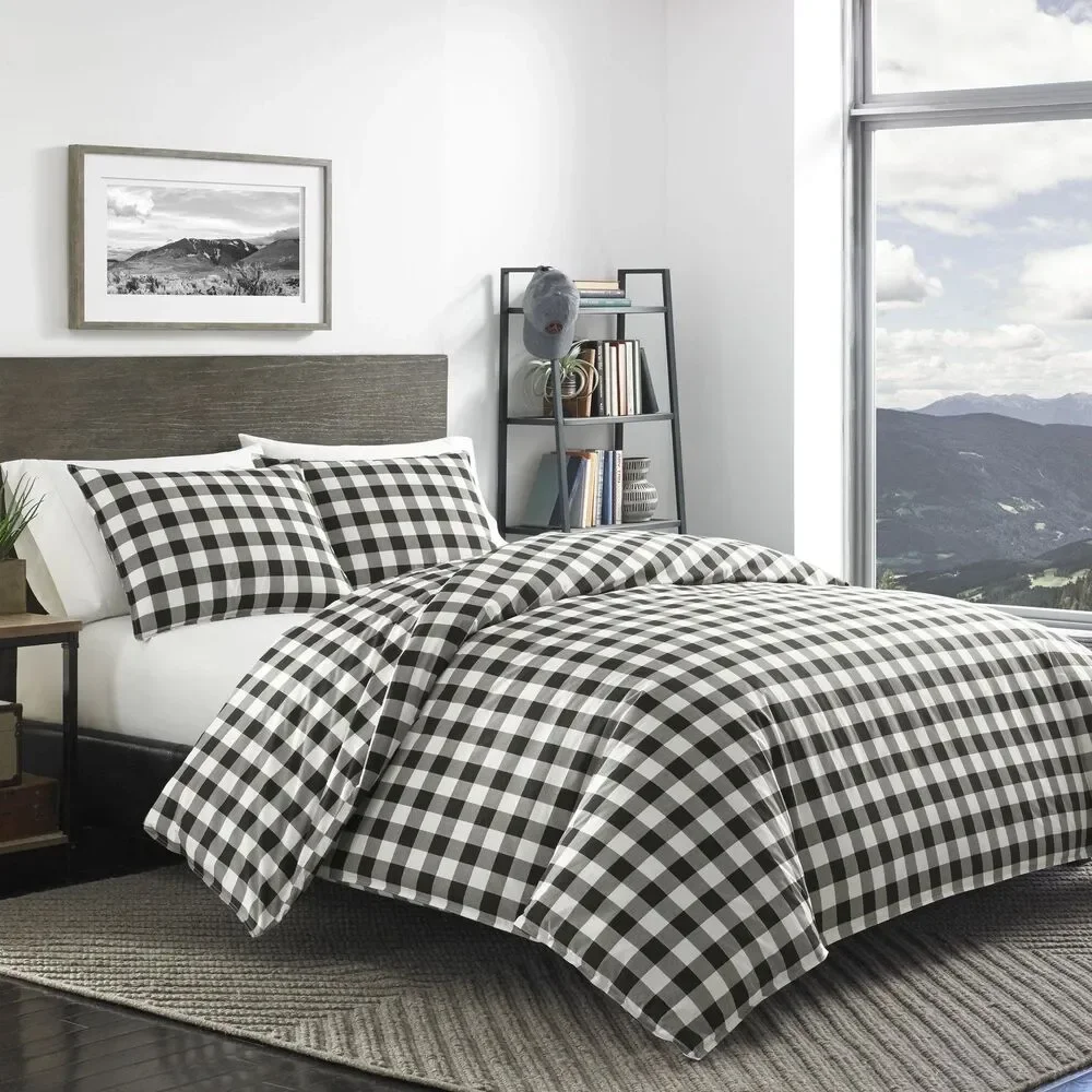 EDDIE BAUER Twin Duvet Cover Set 100% Cotton Black White Mountain Buffalo Plaid